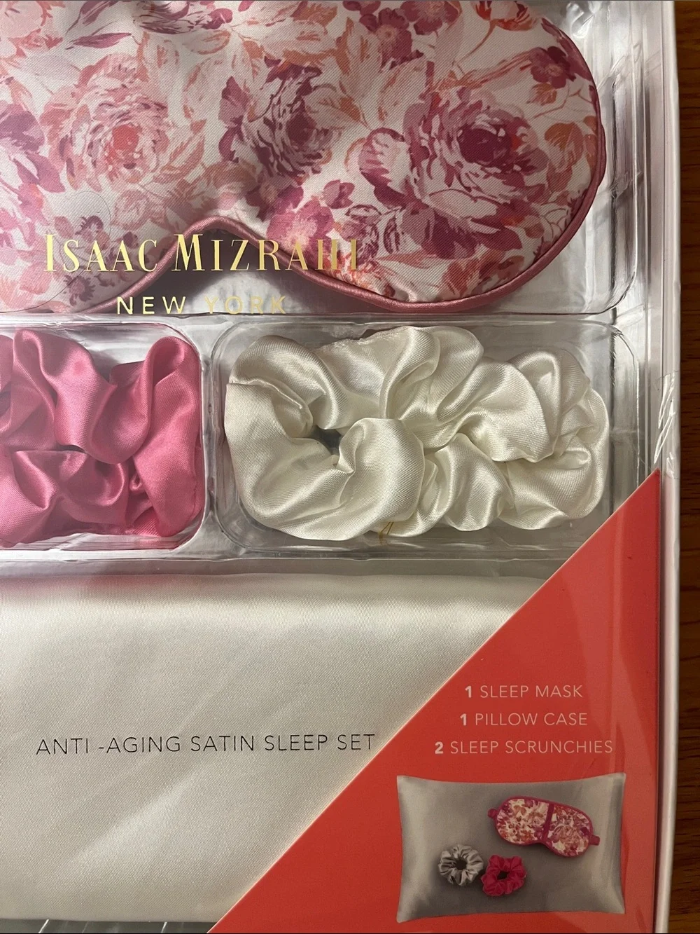 NWT Isaac Mizrahi Pink Floral Satin Sleep Mask with Pink & Cream Scrunchies